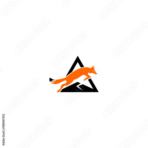 Creative design of a fox jumping over a triangular mountain with a triangular pattern in the background. Perfect for branding, logos, and artistic projects with a dynamic and modern feel.