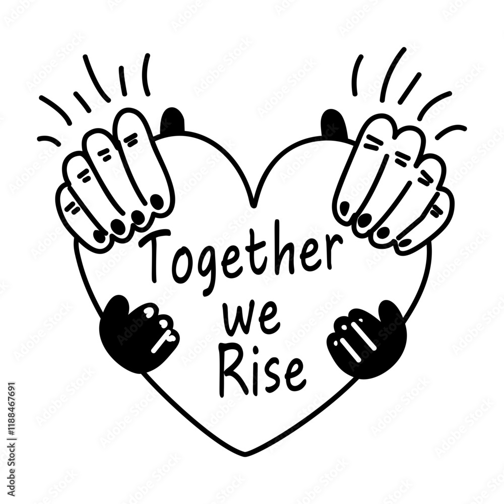 Two hands holding heart with text together we rise, glyph sticker 
