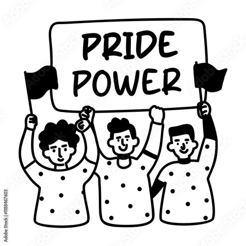 A glyph sticker of queer people holding a sign that says pride power 