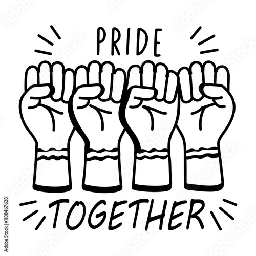 Four raised fists with rainbow bracelets and text pride together, glyph sticker 