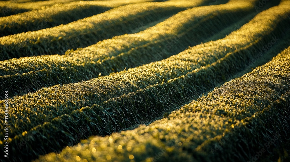 Sunlit rows of crops in field at dawn; agricultural background Sunlit rows of crops in field at dawn; agricultural background