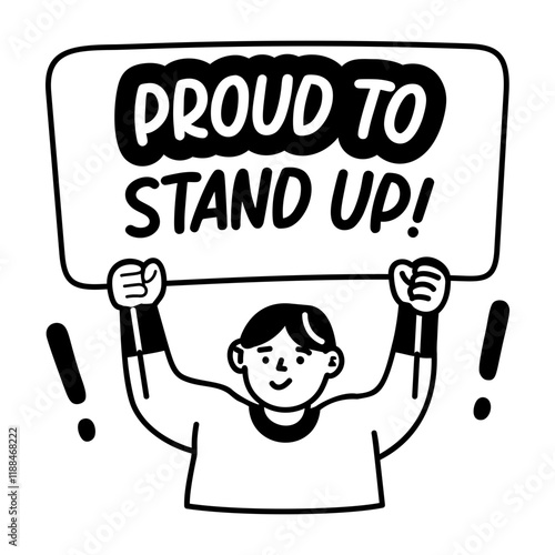 Queer activist with banner that says proud to stand up, glyph sticker 