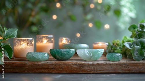 Holistic Beauty Retreat Featuring Green Aventurine and Rose Quartz Gua Sha Tools on a Rustic Table Surrounded by Nature