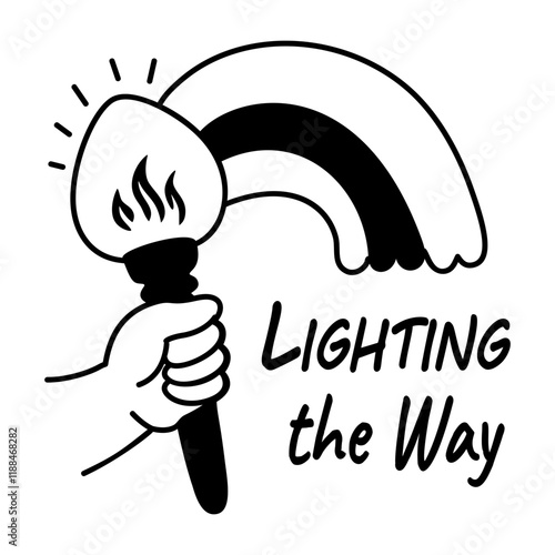 A glyph sticker of hand holding torch with rainbow and text lightening the way