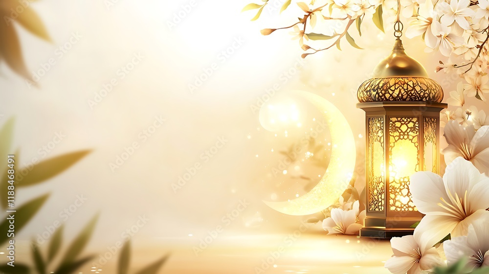 Fototapeta premium Golden Lantern with Crescent Moon and Blossoms with copy space- Ramadan Celebration. A beautiful, digitally enhanced image showcasing a golden lantern, adorned with intricate details