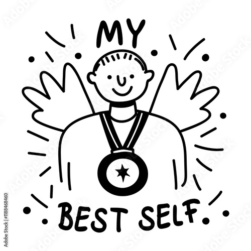 Smiling character wearing medal with text my best self, glyph sticker 