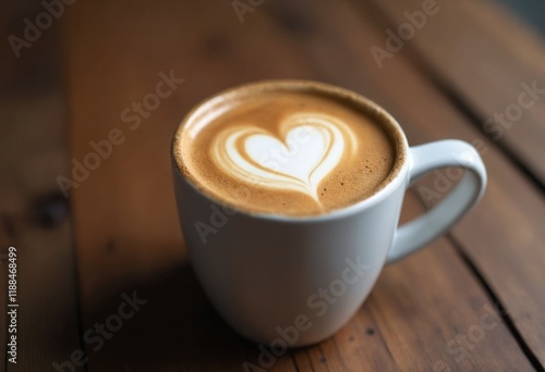 Heart latte art in ceramic mug on rustic wooden table for Valentine’s Day