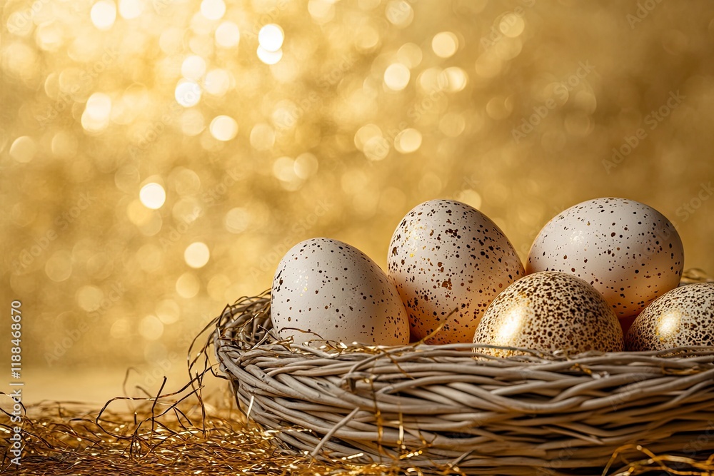 Easter eggs in wicker basket over golden background Easter eggs in wicker basket over golden background