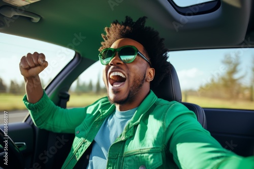 Young man wearing sunglasses and green jacket expressing excitement while driving car on road trip photo