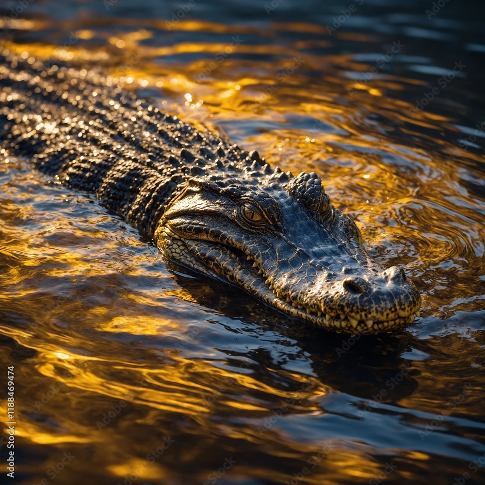 Obraz premium A majestic alligator swimming through a river of molten gold with fractal waves and glowing ripples.