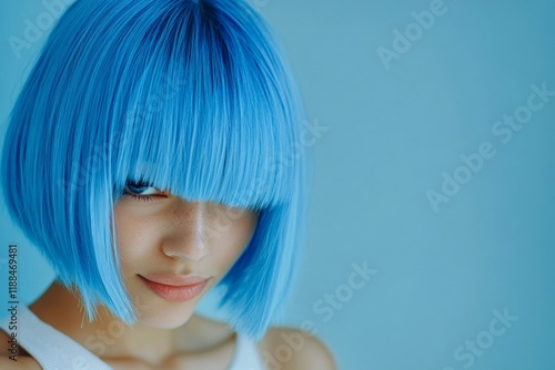 Lovely happy mixed-race girl - for ads, marketing material and social apps use. Commercial commercial visual idea art. Short coiffure - blue hair. Unique advertising. Vibrant campaign concept. photo