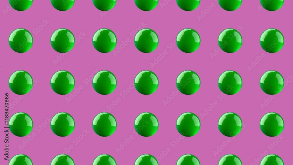 A seamless looping video of glossy green spheres arranged neatly on a vibrant purple background. The synchronized movement creates a modern, minimalist, and futuristic aesthetic A seamless looping video of glossy green spheres arranged neatly on a vibrant purple background. The synchronized movement creates a modern, minimalist, and futuristic aesthetic