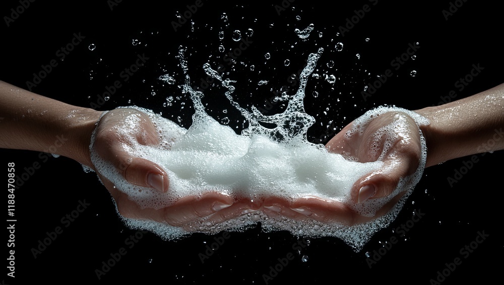 Fototapeta premium Hands cupping cleansing foam with splashing water against black background.