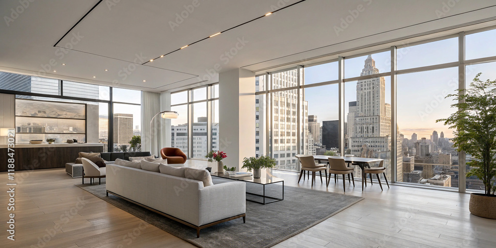 Fototapeta premium A Modern Apartment Interior with Expansive Windows and Chic Decor