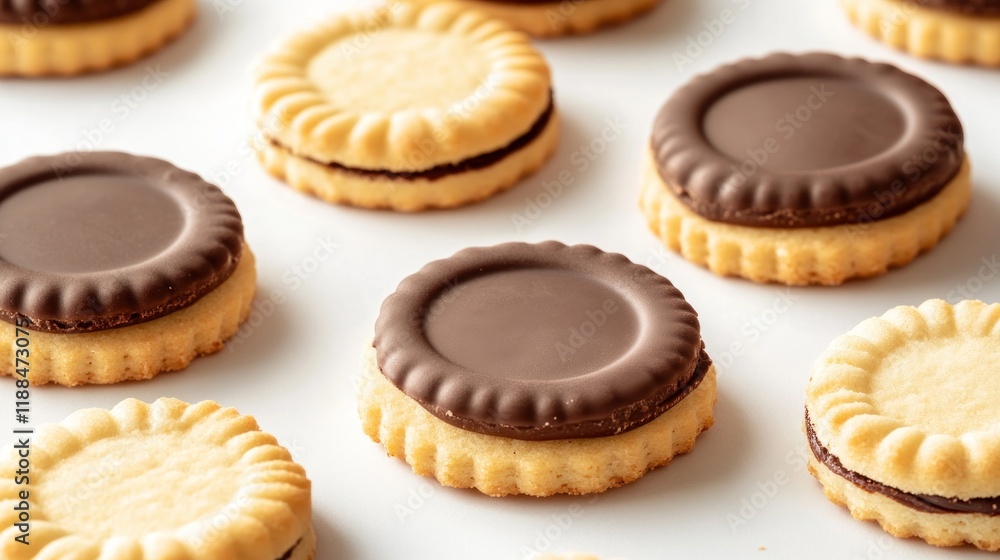 Delicious chocolate and vanilla sandwich cookies arranged on white background. Delicious chocolate and vanilla sandwich cookies arranged on white background.