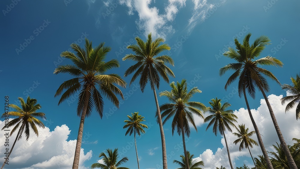Green palm trees against blue sky and white clouds. Tropical jungle forest with bright blue sky, panoramic nature banner. Idyllic natural landscape, looking up, low point of view. Summer traveling Green palm trees against blue sky and white clouds. Tropical jungle forest with bright blue sky, panoramic nature banner. Idyllic natural landscape, looking up, low point of view. Summer traveling