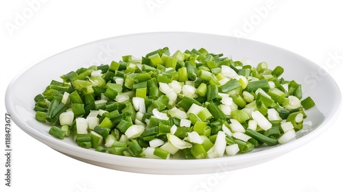 Chopped Spring Onions Falling on White Plate 