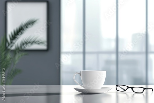 Friday on morning coffee cup at workplace of manager. Office background with laptop and glasses 