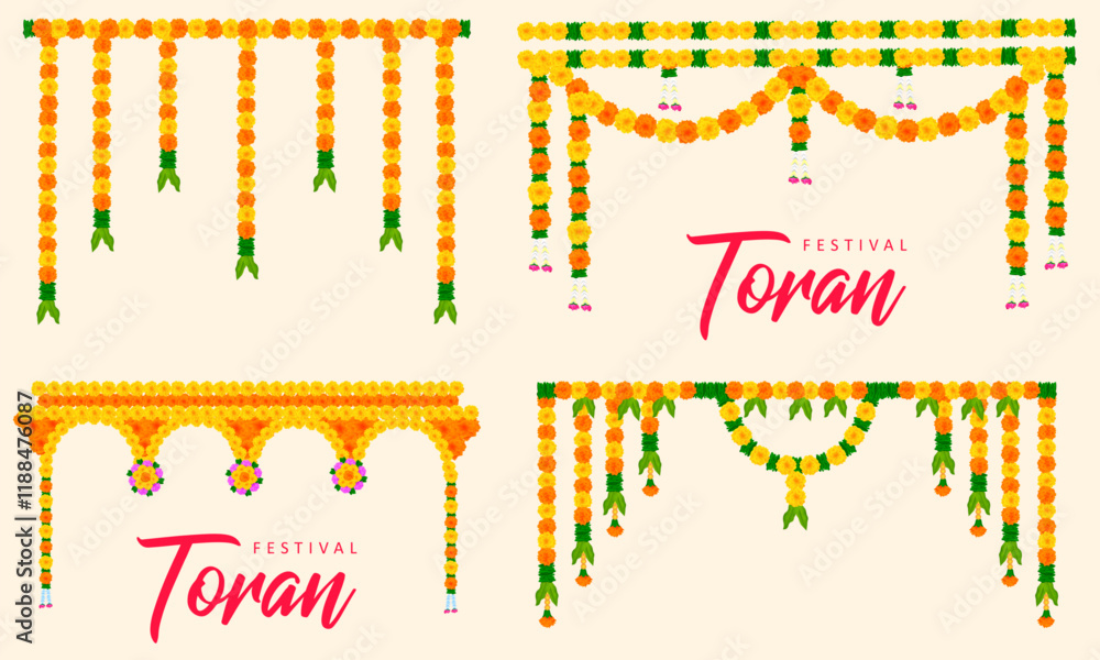 Obraz premium illustration of Flower garland decoration toran for Happy Diwali, Dussehra Indian Holiday festival background template for banner