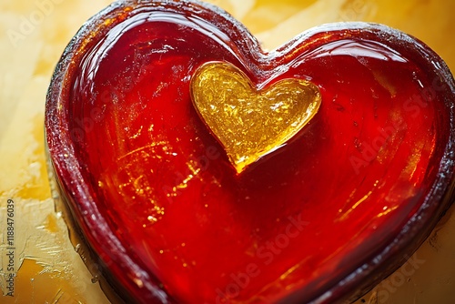 Detailed view of a red heart carved into the caf?(C) tablea??s surface, filled with golden resin for a modern twist on traditional love symbols. photo