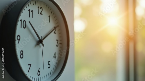 Wall clock showing time change for daylight saving, close-up view, natural daylight from a window, representing time adjustment and seasonal transition photo