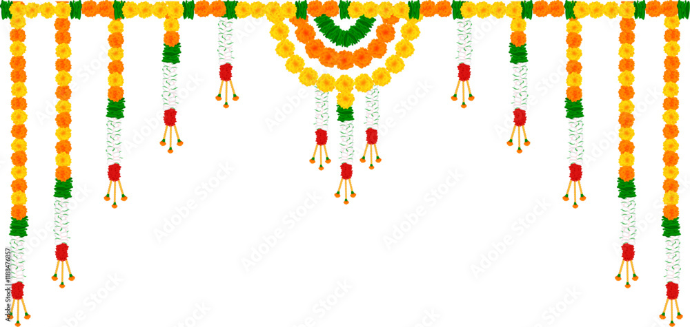 Obraz premium illustration of Flower garland decoration toran for Happy Diwali, Dussehra Indian Holiday festival background template for banner