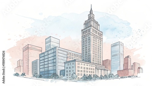 cute office building with city scape, watercolor art illustration background