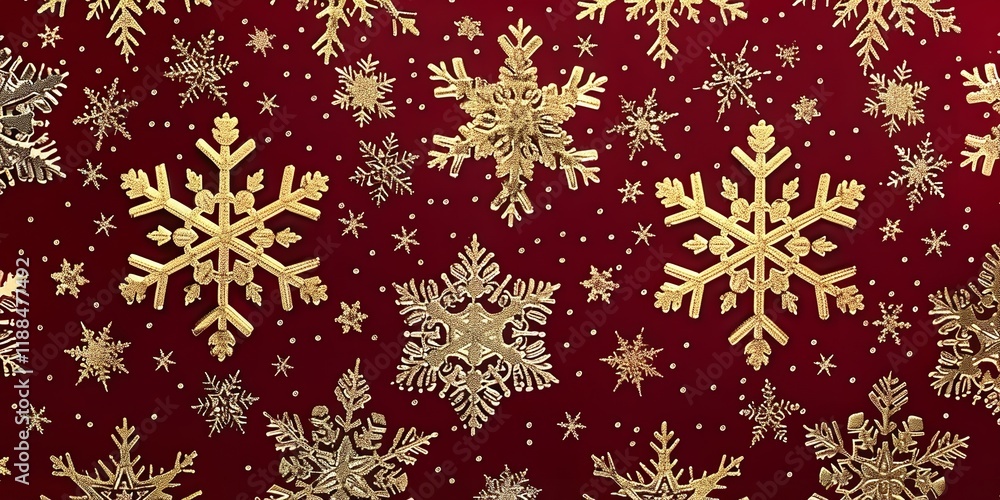 Golden snowflakes are shown in close-up on a crimson background that is studio-clean, with enough of room for writing or a backdrop, Generative AI. Golden snowflakes are shown in close-up on a crimson background that is studio-clean, with enough of room for writing or a backdrop, Generative AI.