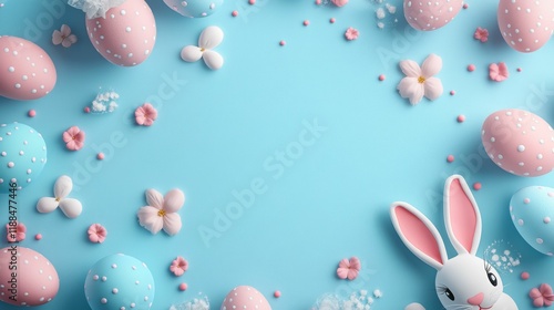 easter celebration concept, eggs of different colors, bunny ears, festive easter accessories on blue pasiel background, copyspace in the middle of the image photo