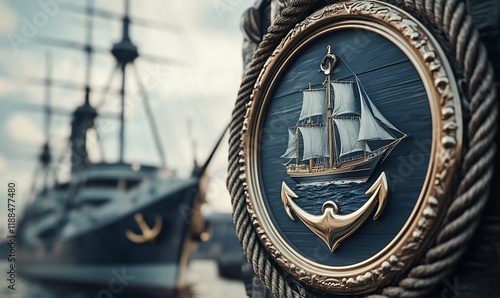 Close-up of nautical emblem with ship and anchor, blurred warship background. photo