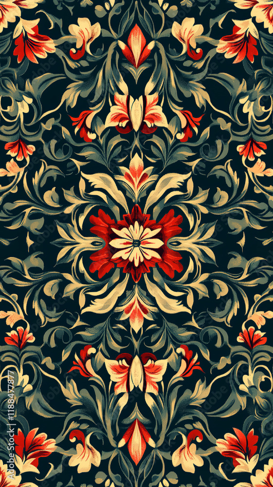 The image displays a detailed floral pattern with a dark background The image displays a detailed floral pattern with a dark background