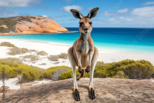 Kangaroo standing on a rock overlooking the turquoise waters and white sand of lucky bay, in cape le grand national park photo