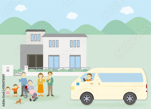 訪問看護サービスの自宅送迎の福祉車両を出迎える家族＿治療＿医療