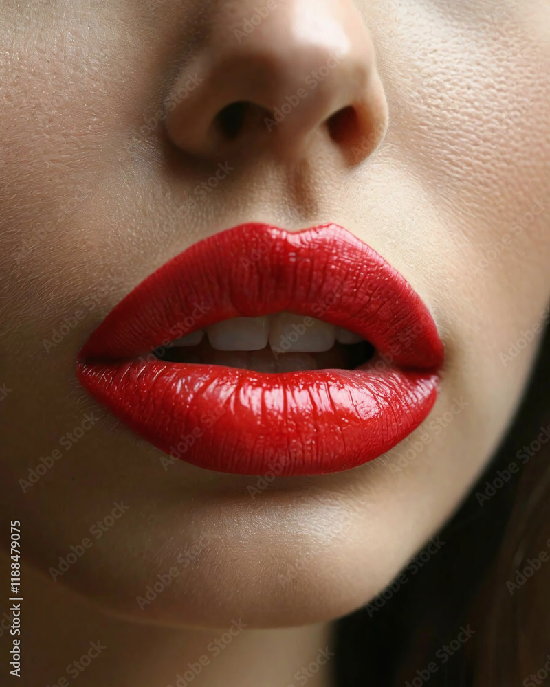 A close-up shows a part of a person's face focused on the lips and nose. Her lips are painted with bright red lipstick with a glossy sheen. A close-up shows a part of a person's face focused on the lips and nose. Her lips are painted with bright red lipstick with a glossy sheen.
