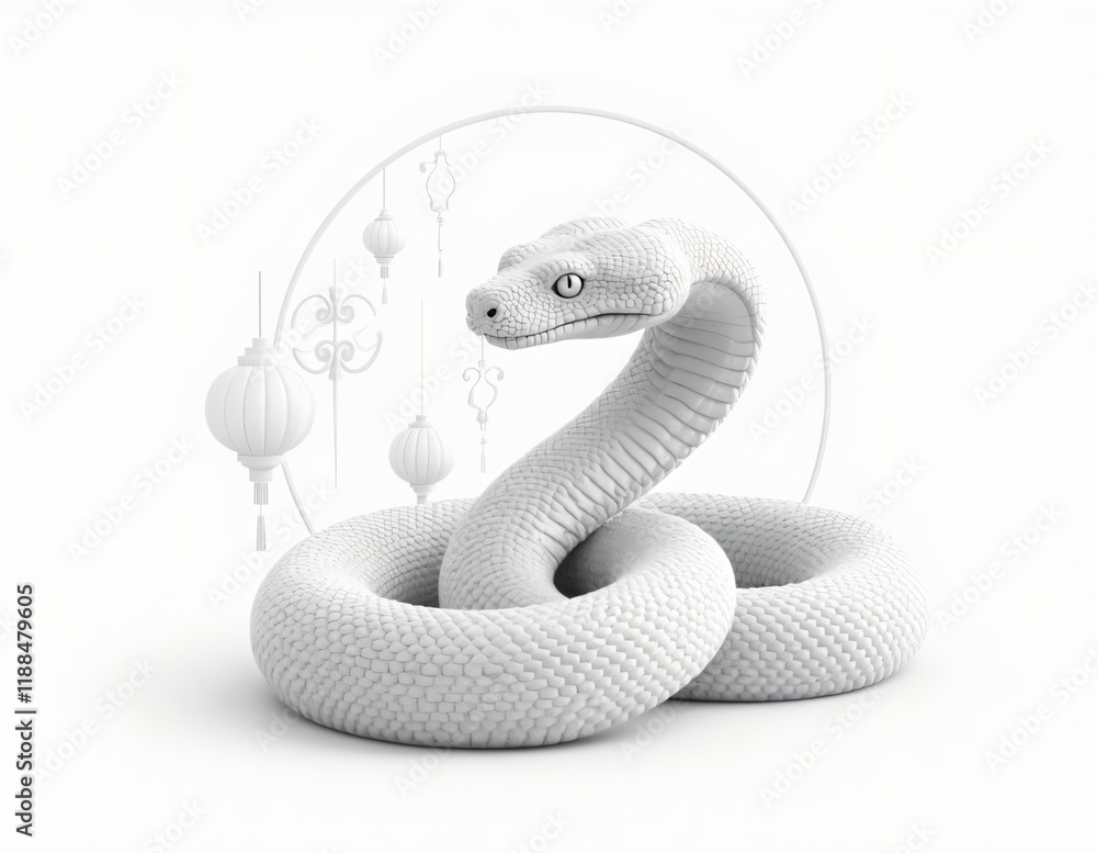 Fototapeta premium Minimalist White Snake Figure with Lantern Motifs for Lunar New Year