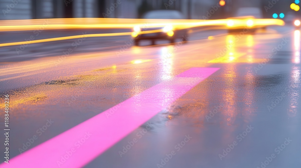 A long-exposure shot of urban traffic intersecting with cyclists at a smart crossing equipped with dynamic light systems A long-exposure shot of urban traffic intersecting with cyclists at a smart crossing equipped with dynamic light systems