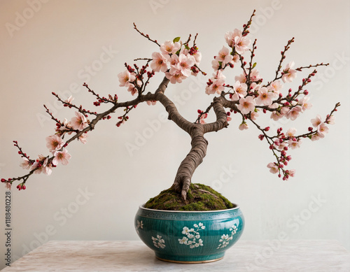 Peach Apricot flower tree vase pot traditional vietnamese Tet New year decoration on a white. Lucky charm decoration of apricot flower branch bonsai for wishing lucky on lunar Chinese new year