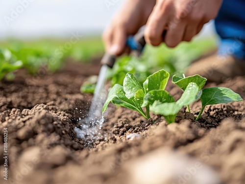 A farmer using a water conservation system in an arid field, focuses on drip irrigation tools and dry soil textures to maximize crop yield. photo