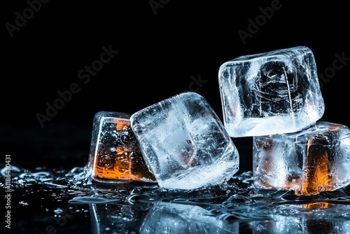 Sparkling Ice Cubes on Dark Surface Cold Drink Refreshing Texture Melted Water photo