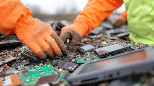 Workers sorting recyclable electronics at an urban e-waste facility, focus on teamwork and the complexity of dismantling.