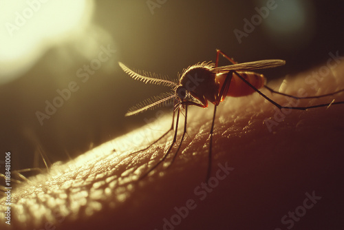 Aedes Aegypti Mosquito on Human Skin: Carrier of Zika, Dengue, Chikungunya, Mayaro, and Yellow Fever photo