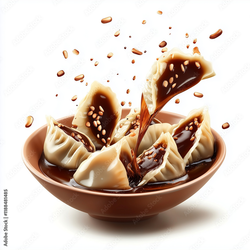Fototapeta premium Savory Dumplings Splashing in Soy Sauce, Isolated on White