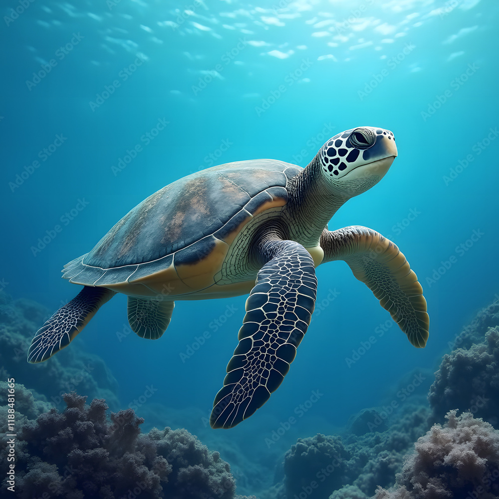 Obraz premium Adorable large sea turtle swimming in a vibrant coral reef against a blue background. Marine animal, underwater wildlife. Vulnerable or endangered species. Celebrating World Turtle Day.