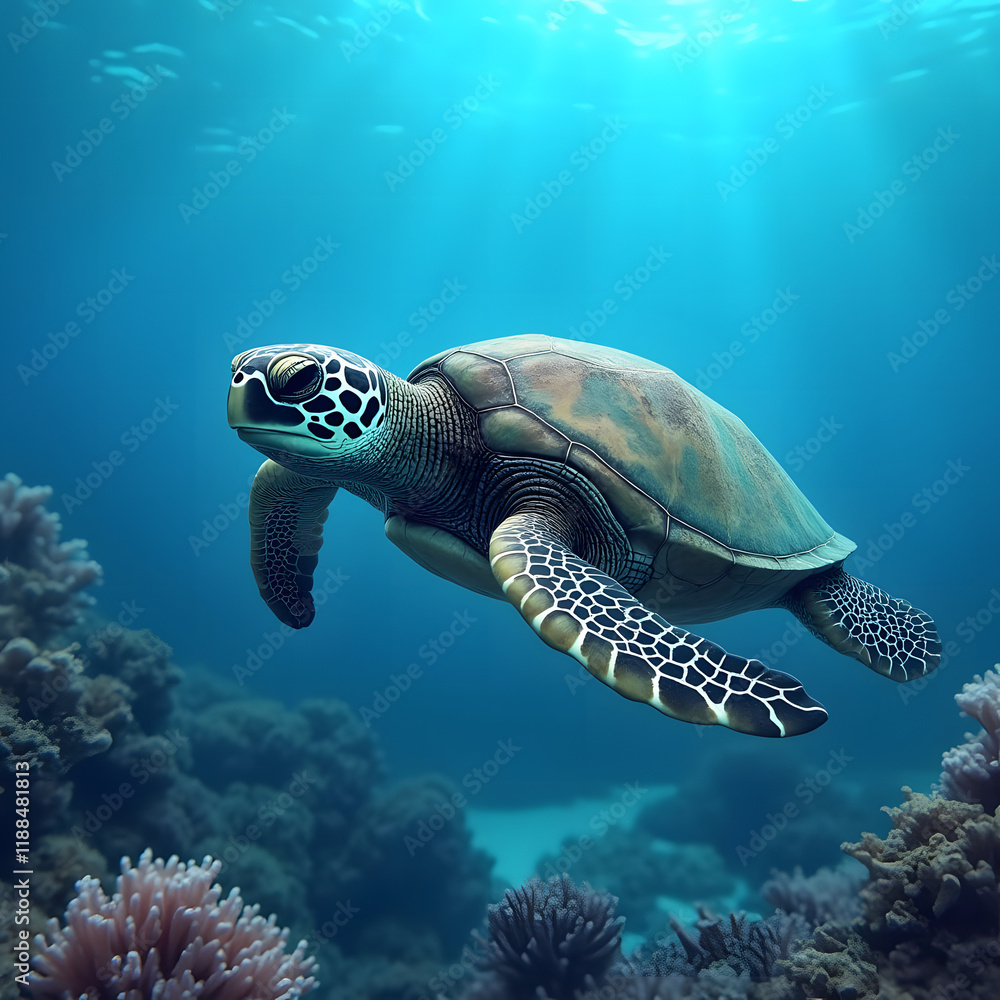 Fototapeta premium Adorable large sea turtle swimming in a vibrant coral reef against a blue background. Marine animal, underwater wildlife. Vulnerable or endangered species. Celebrating World Turtle Day.
