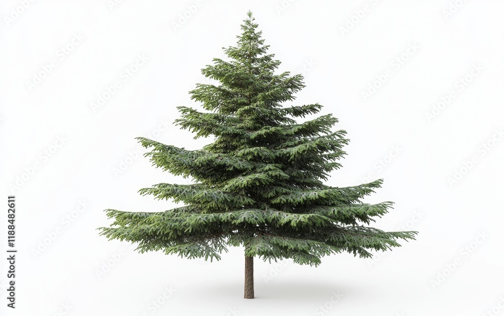 A tall cedar tree with layered green branches standing against a bright white backdrop A tall cedar tree with layered green branches standing against a bright white backdrop
