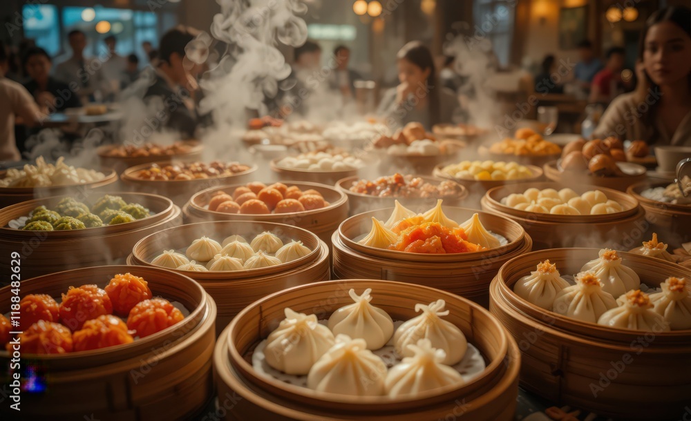 Fototapeta premium Deliciously Steamed Dim Sum Display with Blurred Background