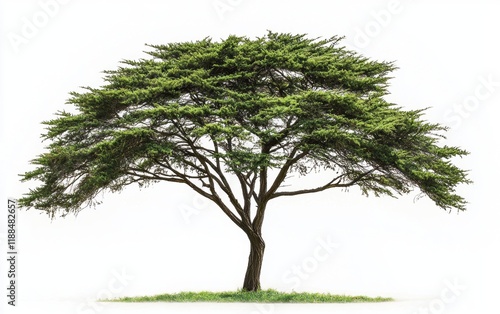 A tall cedar tree with layered green branches standing against a bright white backdrop photo