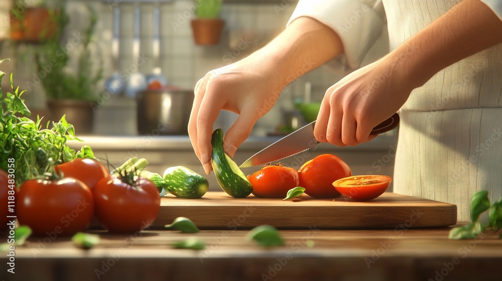 Woman slicing cucumber, tomatoes on wooden board, kitchen background, healthy cooking Woman slicing cucumber, tomatoes on wooden board, kitchen background, healthy cooking