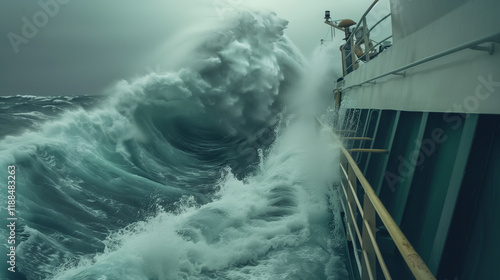 High waves crashing against ship in stormy sea.