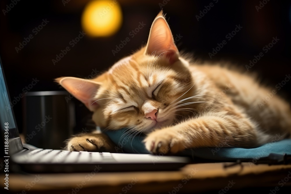 Cute ginger kitten sleeping on a blue cloth on top of a laptop keyboard, enjoying a peaceful nap Cute ginger kitten sleeping on a blue cloth on top of a laptop keyboard, enjoying a peaceful nap